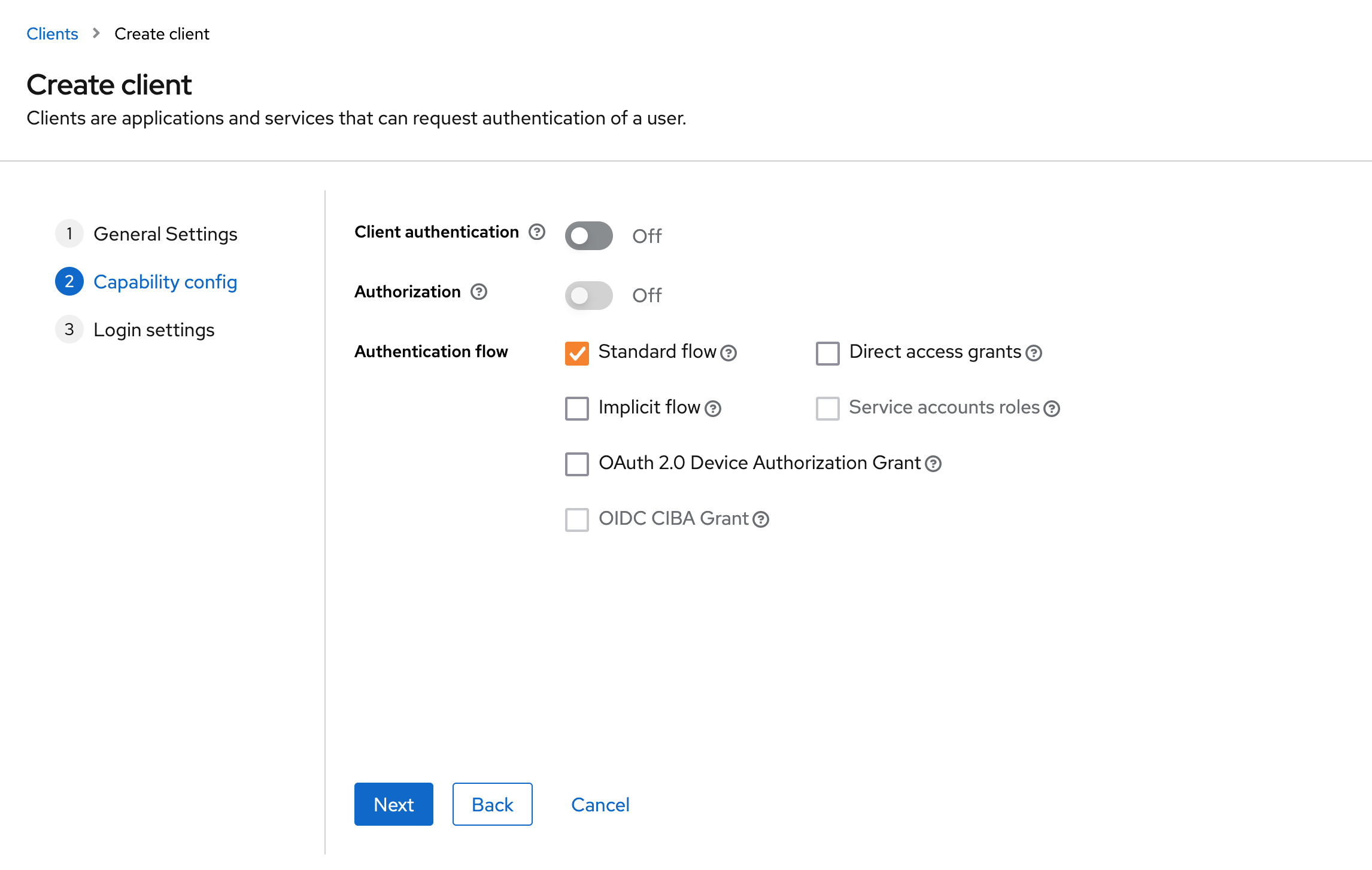 Keycloak client authentication flow settings